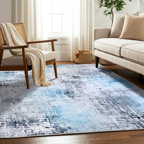 Delara Machine Washable Area Rug, Soft & Durable, Non-Slip, Stain Resistant Rug for Bedroom, Living Room, Dining Room, High Traffic Areas, Eco- Friendly GRS Certified. (Blue, 6' X 9')