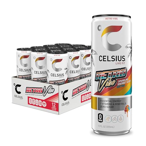 CELSIUS RETRO VIBE Sparkling Sherbet Slush, Sugar Free Energy Drink, 12 Fl Oz (Pack of 12)