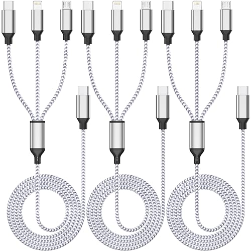 Multi Charging Cable 4ft 3Pack 3 in 1 Charger Cord, Multiple Usb C Port Rapid Nylon Braided Cable USB Charging Cable Multi Phone Charger Cord with Type C Micro Lightning USB Connectors for Cell Phones
