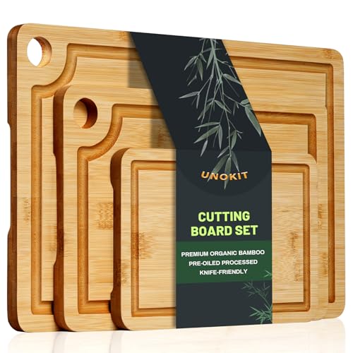Unokit 3PCS Bamboo Cutting Boards Set - Large Natural Wooden Cutting Boards with Juice Groove & Built-in Handles，Ideal Charcuterie & Chopping for Meat, Vegetables, Dishwasher Safe