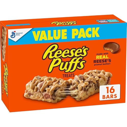 REESE'S Puffs Cereal Treat Bars, Peanut Butter and Cocoa, Snack Bars, Value Pack, 16 Ct, 13.6 oz