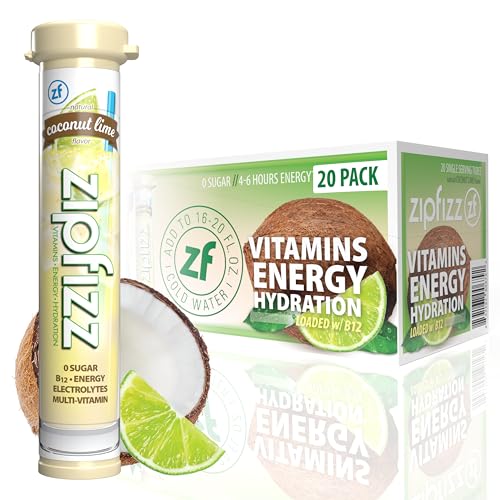 Zipfizz Daily Energy Drink Powder, Coconut Lime, 20 Pack | 3-in-1 Sustained Energy, Rapid Hydration, and Essential Vitamins | Sugar-Free | Electrolyte Powder | Contains Vitamin B-12 & Antioxidants