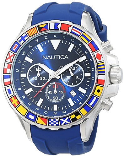 Nautica Men's 'NST 1000 Flags' Quartz Stainless Steel and Silicone Casual Watch, Color:Blue (Model: NAD19562G)