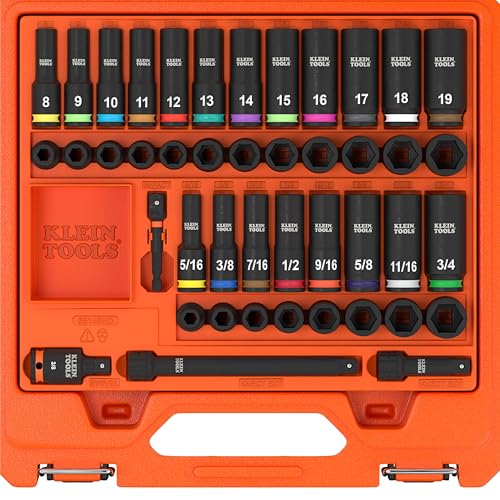 Klein Tools 65148HD KNECT Deep-Well and Shallow Impact Socket Set, 3/8-Inch Drive, SAE and Metric, 44-Piece Tool Set, Impact Driver, Swivel Adapter, Wrench Extensions, Removable Socket Organizer