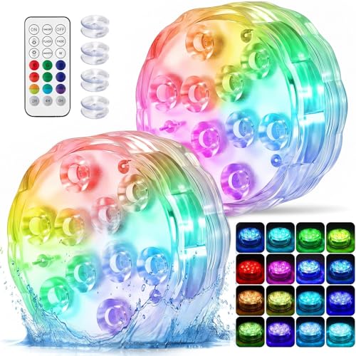 2026 Upgraded Submersible LED Lights, IP68 Waterproof Floating Pool Hot Tub Lights with Remote Control, 16 RGB Colors, Timer, Suction Cups, Battery Powered Underwater Lights for Spa, Pond, Vase Decor