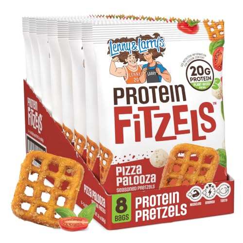 Lenny & Larry's FITZELS Protein Pretzels (Pizza Palooza) 8 Individual Bags 3 oz Each – High Protein Snacks with 20g of Plant Based Protein – Healthy Vegan Pretzels – Delicious Salty Taste