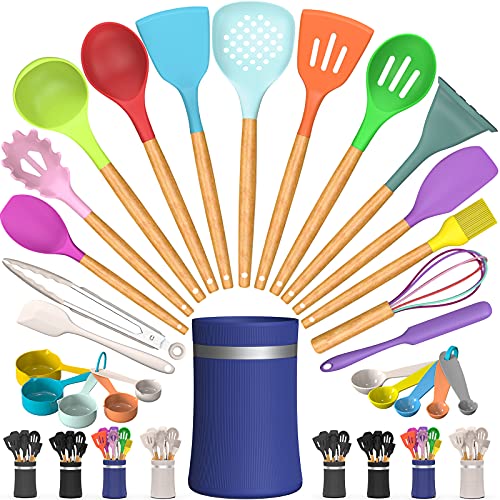 26 Pcs Kitchen Cooking Utensils Set, AIKKIL Heat Resistant Silicone Cooking Kitchen Utensils Spatula Set with Holder, Wooden Handle Non-stick Silicone Kitchen Gadgets Utensil Set(Colorful)
