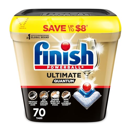 Finish Ultimate Quantum Dishwasher Pods, New & Improved Formula, Dishwasher Detergent Dish Soap, Removes Burnt-On & Dried-On Stain, Degreasing & Scrubbing Power, 70 Count