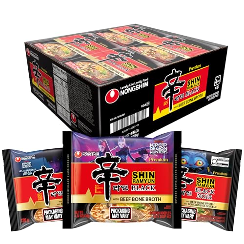 Nongshim Shin Ramyun Black Noodles, Spicy Korean Signature Instant Ramyun, Rich Beef Bone Broth, Pantry Essential Korean Noodles, Quick and Easy, 4.58 oz (Pack of 16)
