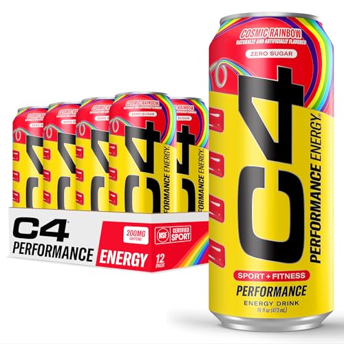 C4 Performance Energy Drink Cosmic Rainbow, Zero Sugar Carbonated Preworkout Energy, 200mg Caffeine with Beta Alanine, 16 Fl Oz (12 Pack), Packaging May Vary