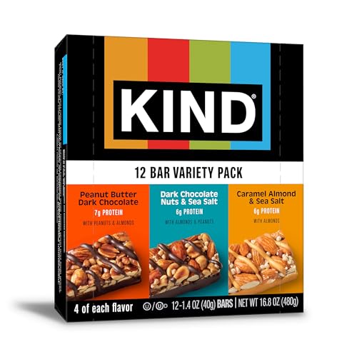 KIND Healthy Snacks Bars Variety Pack, Gluten Free, Low Sugar, High Fiber Snacks, Dark Chocolate Nuts & Sea Salt, Peanut Butter Dark Chocolate, Caramel Almond & Sea Salt, 6-7g Protein, 12 Count