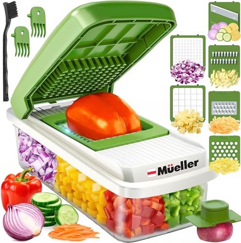 Mueller Vegetable Chopper, Mandoline Slicer, Food Veggie Chopper, Cheese Grater, Onion Vegetable Cutter with Container, Dicer, Kitchen Gadgets & Essentials, White Sand/Green