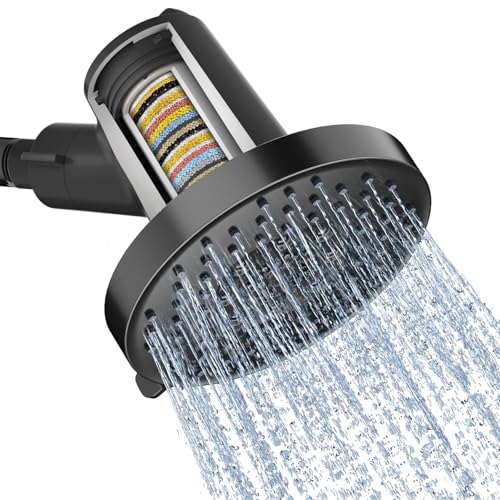 SR SUN RISE Filtered Shower Head - High Pressure Rain Shower Head with 20-Stage Filterr, 6 Spray Modes for Hard Water Softener, Remove Chlorine & Heavy Metals (Black, 5.5 Inch Round)