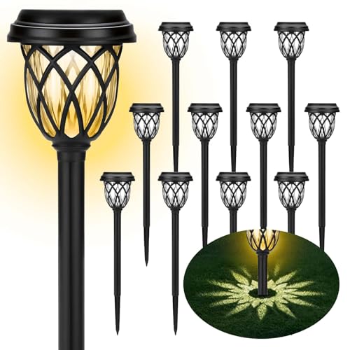 ruhotili Solar Lights Outdoor 12 Pack Solar Garden Lights Waterproof IP65 Solar Landscape Lights Solar Pathway Lights for Patio, Yard, Driveway Decoration (Warm White