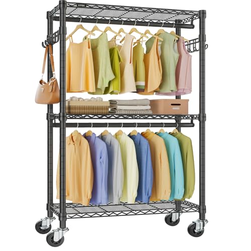 VIPEK R2 Clothes Rack Heavy Duty Clothing Rack for Hanging Clothes, Rolling Garment Rack Adjustable Closet Racks with Double Rods & Hooks, Freestanding Wardrobe Closet Coat Storage Racks, Black
