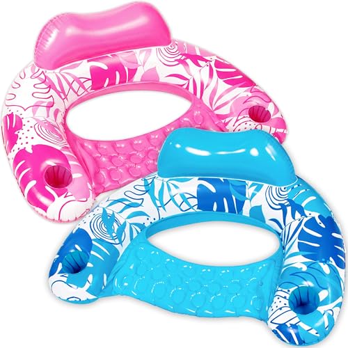 SLOOSH Inflatable Pool Floats Adult,2 Pack X-Large Pool Chairs with Cup Holders,Blow up Floats Chair,Hammock Noodle Mat Leaves Design for Relaxing Summer Water Fun Swimming Party Beach,Blue,Pink