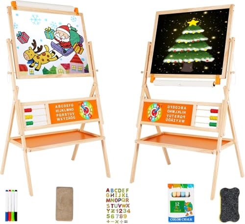 OMOTIYA 3-in-1 Wooden Easel for Kids, Toddle Double-Sided Easel with Magnetic Whiteboard and Painting Blackboard, 360° Rotatable, Paper-roll Holder, Storage Tray, and Stickers Included