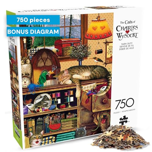 Buffalo Games – Charles Wysocki Yarn Duty 750 Piece Jigsaw Puzzle for Adults, Cozy Cat Americana Artwork, Made in USA