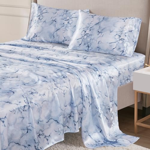 Madison Park Essentials Satin Sheet Set Luxuriously Smooth on Hair & Skin, Lustrous, Silky Bedding, All Seasons Sheets, Elastic Deep Pocket Sheet Fits Up to 16" Mattress, Queen Blue Marble 4 Piece