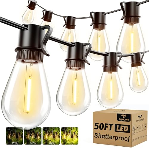 Torkase 50FT Outdoor String Lights LED, S14 Shatterproof Bulbs (15+1), Waterproof Dimmable Patio Lights for Backyard, Porch, Garden - Connectable Commercial Grade