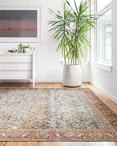 Loloi Layla Collection LAY-04 Ocean/Rust 2'-0" x 5'-0" .13" Thick Accent Rug, Soft, Durable, Vintage Inspired, Distressed, Low Pile, Non-Shedding, Easy Clean, Printed, Living Room Rug