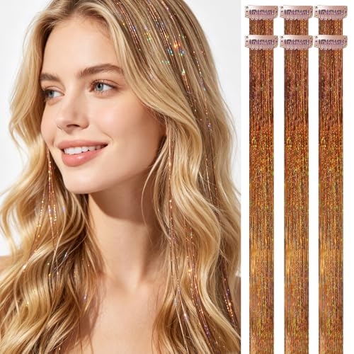 HANDWIG Chestnut Brown Clip in Hair Tinsel, 24 Inch 75 Strands Heat Resistant Glitter Hair Extensions, 6 Packs Natural Fairy Hair for Women Daily Office Casual Wear