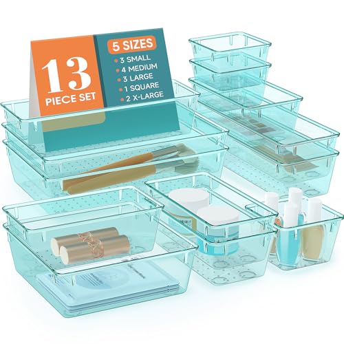 WOWBOX 13 PCS Plastic Drawer Organizer Set, 5 Sizes Desk Drawer Divider Organizers and Storage Bins for Makeup, Jewelry, Gadgets for Kitchen, Bedroom, Bathroom, Office