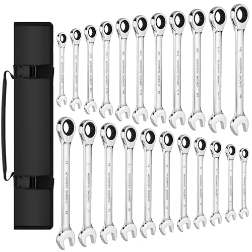KOOPOOL Ratchet Wrenches Set, 22-Piece Combination Wrench Set, Metric & SAE, Anti-Slip Grip, CR-V Steel, 1/4" to 3/4" & 6mm to 18mm, Portable Oxford Pouch Organizer