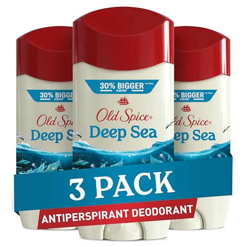 Old Spice Men's Antiperspirant & Deodorant, 24/7 Lasting Freshness, Advanced Sweat & Odor Protection with Skin Conditioners, Invisible Solid, Deep Sea with Ocean Elements Scent, 3.4 oz (Pack of 3)