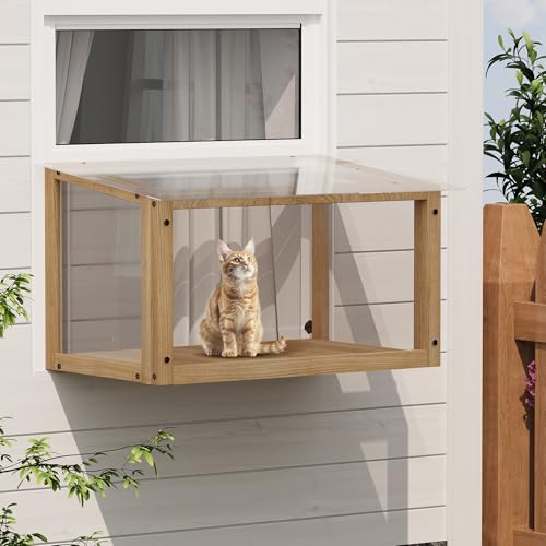 KEIKI Acrylic Window Cat Perch Catio, Weatherproof Outdoor Cat Enclosure with Secure Base and 360° Panoramic View, Sturdy Natural Wood Construction, Outdoor Cat House, Natural Wood