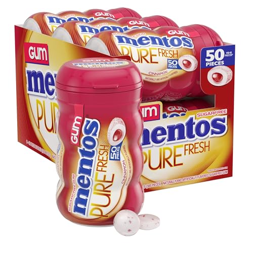 Mentos Pure Fresh Sugar Free Gum With Xylitol Sweetener, Cinnamon, 90% Recyclable Curvy Bottle, 50 Pieces per Bottle, 6 Pack