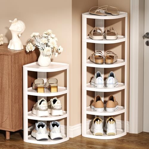 NestOrganix Vertical Shoe Rack, 10-Tier Stackable Narrow Shoe Rack Organizer for Entryway Closet Corner, Free Standing Shoe Rack Tower Shelf, Space Saving, Curved, Off White