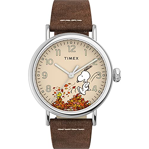 Timex x Peanuts Men's Standard 40mm Watch – Fall Silver-Tone Case Beige Dial with Tan Genuine Leather Strap