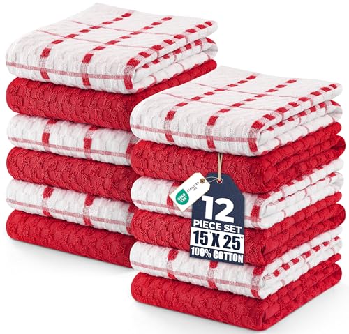 Utopia Towels - Kitchen Towels 12 Pack, 15 x 25 Inches, 100% Ring Spun Cotton Super Soft and Absorbent Linen Dish, Tea and Bar Towels Set, Red
