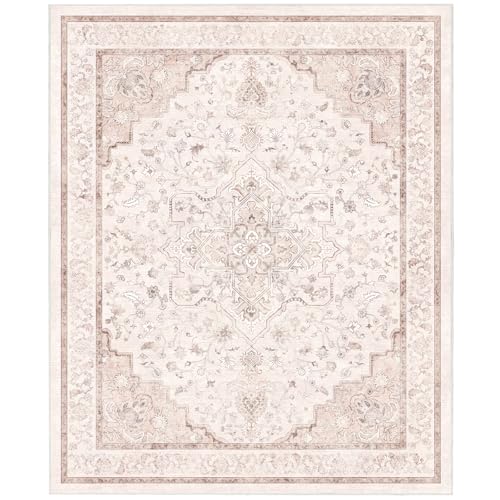 Marsail 8x10 Machine Washable Area Rug, Soft & Slip-Resistant Large Area Rug with Reinforced Bound Edges, Vintage Short-Pile Washable Rug with Floral Pattern for Living Room, Dinning Room and Bedroom