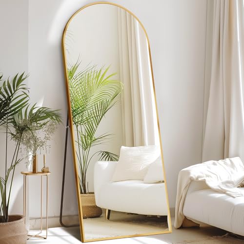 DUMOS 64"x21" Arched Full Length Mirror with Stand Floor Free Standing Aluminum Frame for Bedroom Body Hanging Leaning Modern Simple Home Decor Shatter-proorf Nano Glass Wall, Gold-Rounded