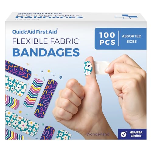 Quick Aid First Aid Wonderland Bandages, Bandages Variety Pack 100 Count, Fun Designs for Kids Adults, Gentle Adhesion Soft Breathable, Latex Free, Use for Minor Cuts Scrapes, First Aid Supplies