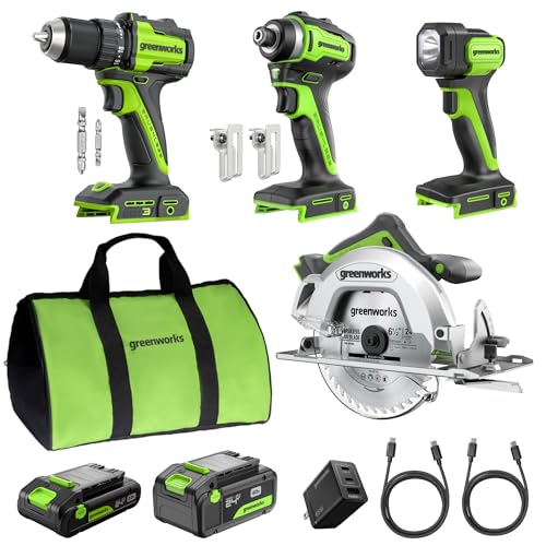 GREENWORKS 24V Combo (1/2” Drill + 1/4” Impact Driver + 6.5” Circular Saw + 200Lm Flashlight), 4.0Ah + 2.0Ah Batteries (24,000mAh PB), (2) Braided Cables, 65W Rapid Charger,High-Efficiency