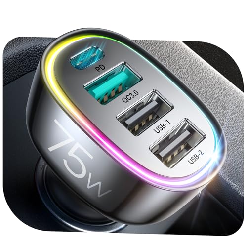 75W Car Charger USB C, 4 Port Super Fast Cigarette Lighter USB Charger, Type C 60W & QC 3.0 Multiport Car Phone Adapter Accessories for iPhone 17/16/15/14/13/12 Pro Samsung S26 Series