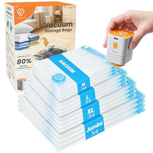 Bonre Life Vacuum Storage Bags with Rechargeable Cordless Pump, 16-Pack Space Saver Bags for Blankets, Clothes & Bedding, Reusable Compression Bags in 4 Large Sizes (M–Jumbo), Long-Side Opening