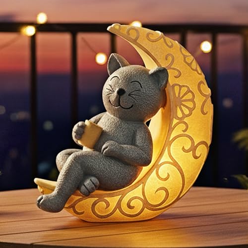 PETAFLOP Solar Cat Statue Decor, Moon Cat Figurines for Patio Balcony Yard Decorations, I Love You to the Moon and Back Birthday Housewarming Gifts for Father Mom Grandma Women Cats Lover