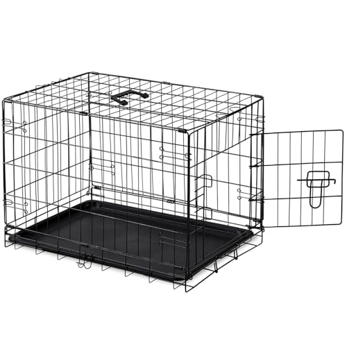 DUMOS Dog Crate, 30 Inch Small Medium Single Door Dog Cage with Plastic Leak-Proof Pan Tray, Folding Metal Wire Pet Kennel for Indoor, Outdoor, Travel
