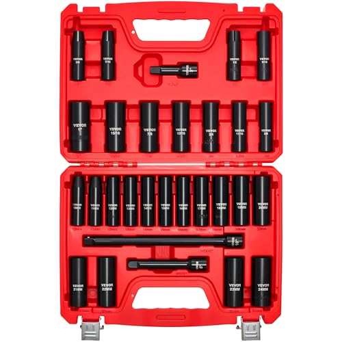 VEVOR 1/2" Drive Impact Socket Set, 29-Piece Deep Sockets Standard SAE (3/8 to 1 inch) and Metric (10 to 24 mm) Size, 6 Point, CR-V Steel, Extension Bars (3", 5", 10")