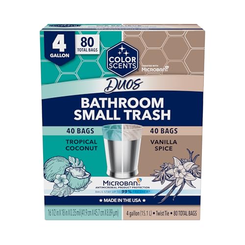 Color Scents Small Trash Bags - 4 Gallon, 80 Total Bags (2 Rolls of 40 Count), Twist Tie – Duos (2 unique scent + color combinations) with Microban​