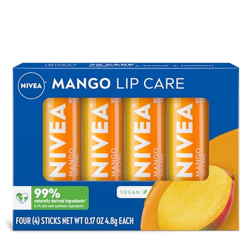 NIVEA Mango Lip Care, Vegan Lip Balm Pack with Shea Butter, Nourishing Oils and Vitamin C & E, 3-in-1 Moisturize, Repair and Protect, 0.17 Oz Stick, Pack of 4