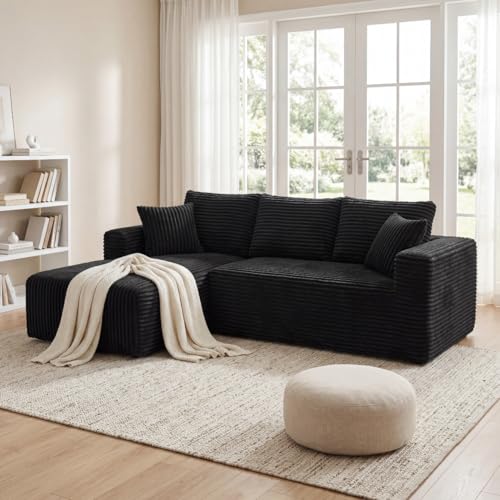 92.5" Modular Sectional Sofa, L-Shaped Cloud Couch with Deep Seats and Chaise, Upholstered Corduroy Boneless Couch for Living Room Small Space, No Need Assembly - Black(Left Facing Chaise)