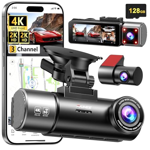 4K+2K+2K 3 Channel Dash Cam Front and Rear, 128GB Card Included, Dash Camera for Cars 5.8G/2.4G Dual Wifi, Built-in GPS, Night Vision, WDR, 170°Wide Angle, G-Sensor Emergency Lock, 24H Parking Monitor
