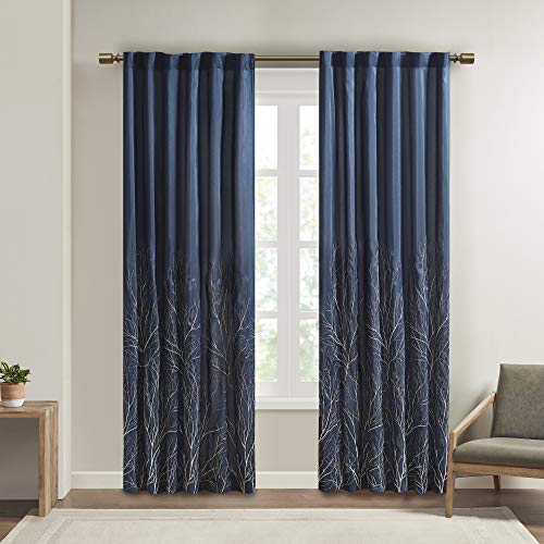 Madison Park Andora Embroidered Back Tab Fabric Single Window Living Room, Transitional Rod Pocket Light Curtain for Bedroom, 1-Panel Pack, 50 x 95, Navy