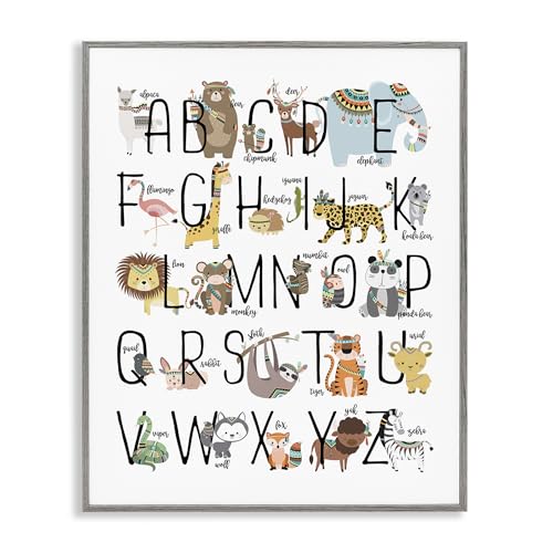 Stupell Industries 'Boho Animals Alphabet', Framed Giclee Art, Gray, 16 x 20 Inches, Easy to Hang and Sturdy, Made in USA, by Erica Billups