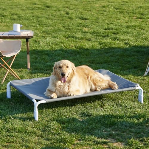 ZOMISIA Elevated Dog Cot Bed Tool-Free Assembly - Outdoor Raised Dog Cooling Bed Frame for Large Pets, Summer Pet Hammock Off Ground with Non-Slip Feet & Waterproof Teslin Mesh, 43x30 Inch